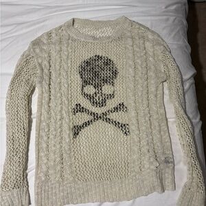 Cream and Black Crewneck Skull Sweater